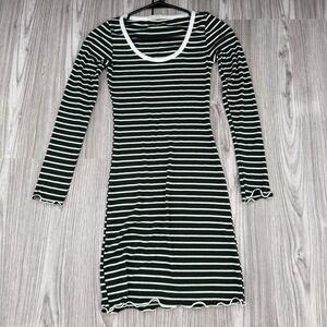 Women's Long Sleeve Casual Mini Dress - Forest Green/ White Stripes - Size Small
